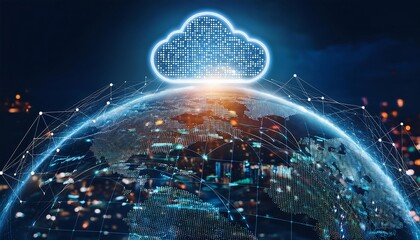 image of cloud computing and digital data transfer with computing networked across cities country and globe with virtualization approach