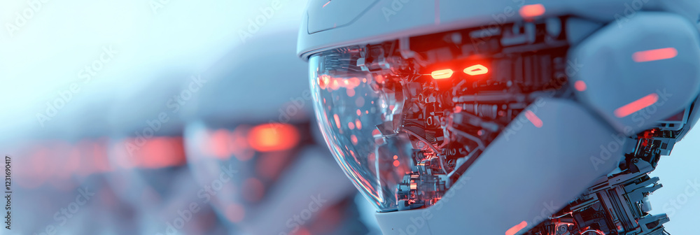 Poster a stylized digital artwork featuring a partial glass ai head with mechanical interior, set before ro