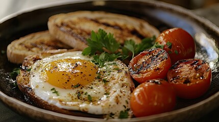 Close-up of an English breakfast featuring eggs, grilled tomatoes, toast, and parsley garnish on a rustic plate