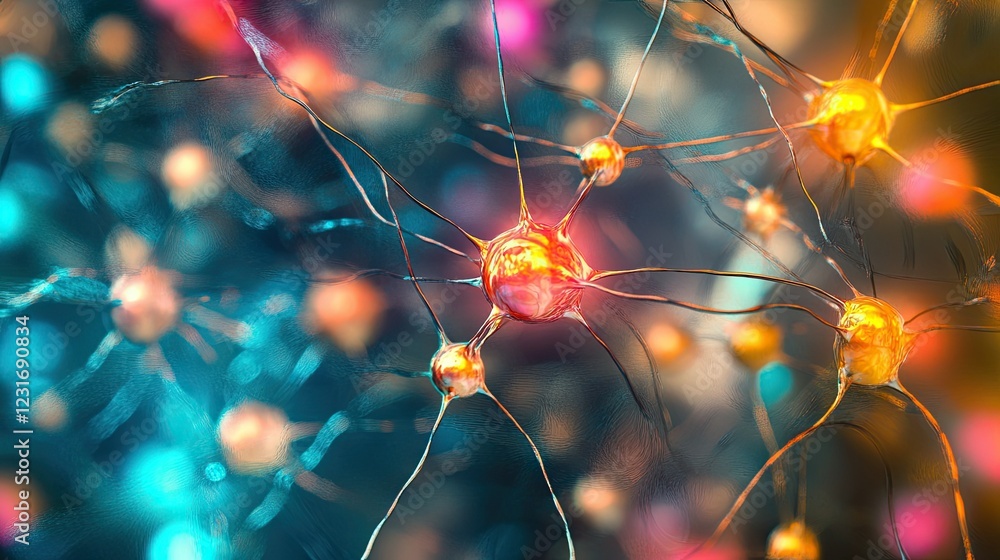 Poster complex digital patterns representing neural networks and scientific progress, in bright colors