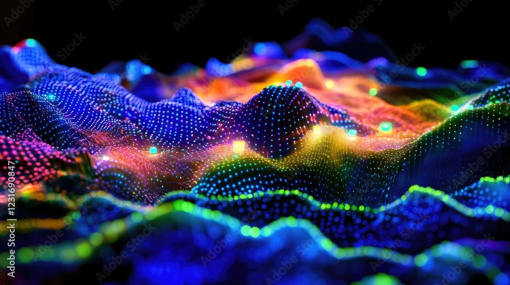 Poster complex abstract digital terrain with glowing data nodes in vibrant colors