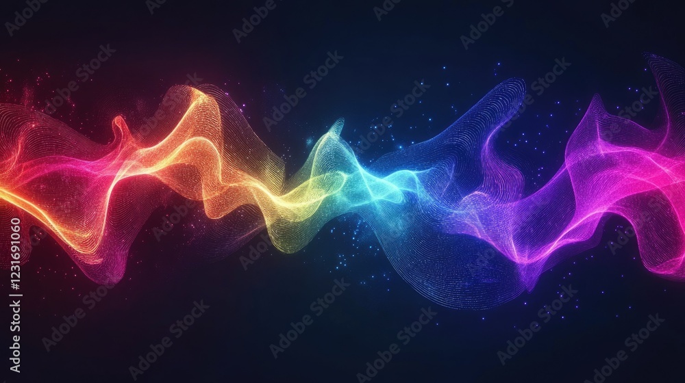 Poster conceptual abstract background with symmetrical digital waves and soft neon colors