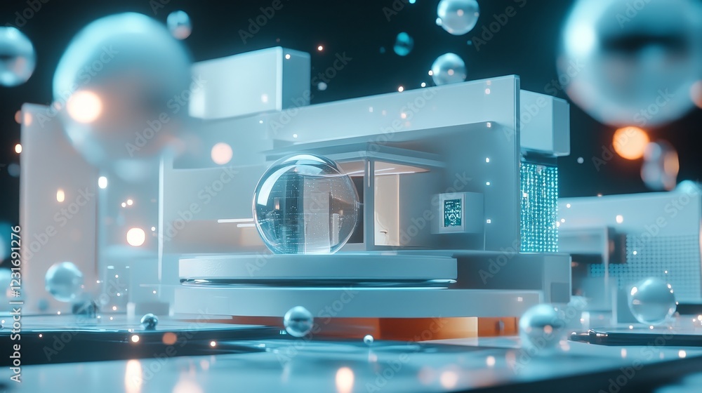 Poster this striking 3d render showcases a minimalist building design surrounded by floating spheres, offer