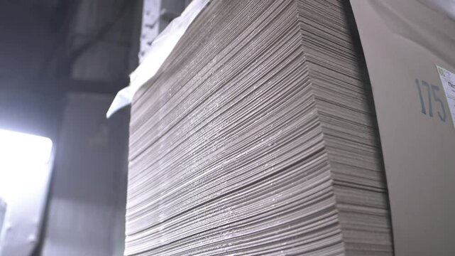 Spacious factory warehouse with stack of cardboard sheets. Zone allows for convenient packaging and transportation of material within hall