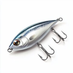 Shiny metallic fishing lure with treble hooks, isolated on a clean white background
