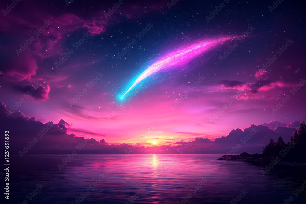 Aufkleber a serene overhead perspective of calm tidal waters under a vibrant sunset, the distant cometâ€™s glo