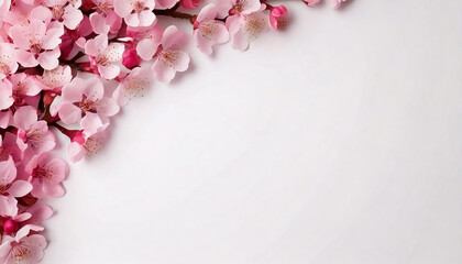 舞い散るピンクの桜の花びらと満開の桜の白い背景　俯瞰構図