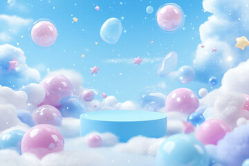 whimsical scene featuring pastel blue podium surrounded by soft clouds, colorful bubbles, and stars, creating dreamy atmosphere