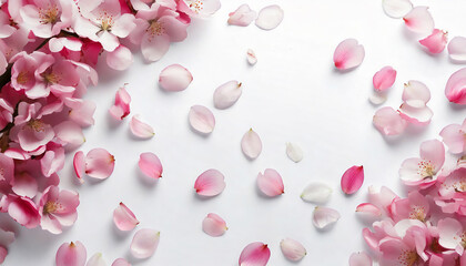 舞い散るピンクの桜の花びらと満開の桜の白い背景　俯瞰構図