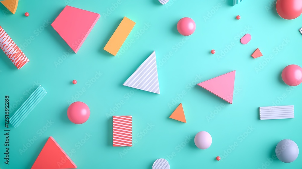 Poster colorful geometric shapes and patterns floating on a soft turquoise background for creative design p