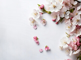 舞い散るピンクの桜の花びらと満開の桜の白い背景　俯瞰構図