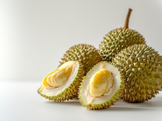 Fototapeta premium Three whole durian fruits and one cut open revealing flesh