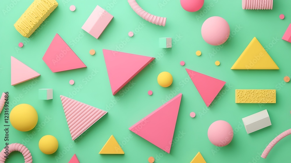 Poster colorful geometric shapes and patterns on a bright green background for creative design projects
