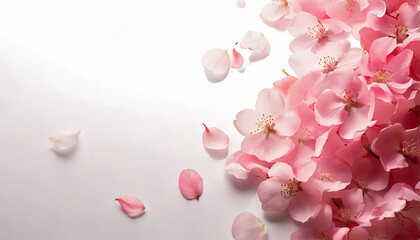 舞い散るピンクの桜の花びらと満開の桜の白い背景　俯瞰構図