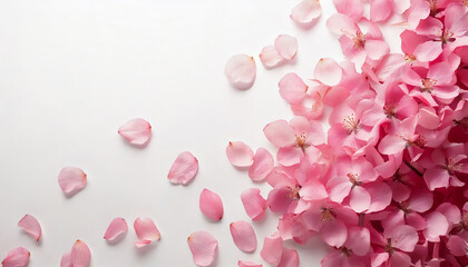舞い散るピンクの桜の花びらと満開の桜の白い背景　俯瞰構図