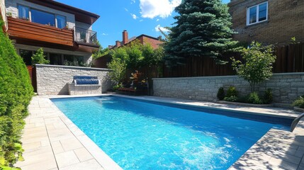 Backyard pool, sunny day, luxury home