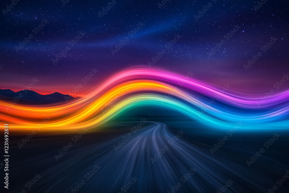 Poster a surreal composition showing streaks of rainbow-like lights forming abstract patterns across a dese