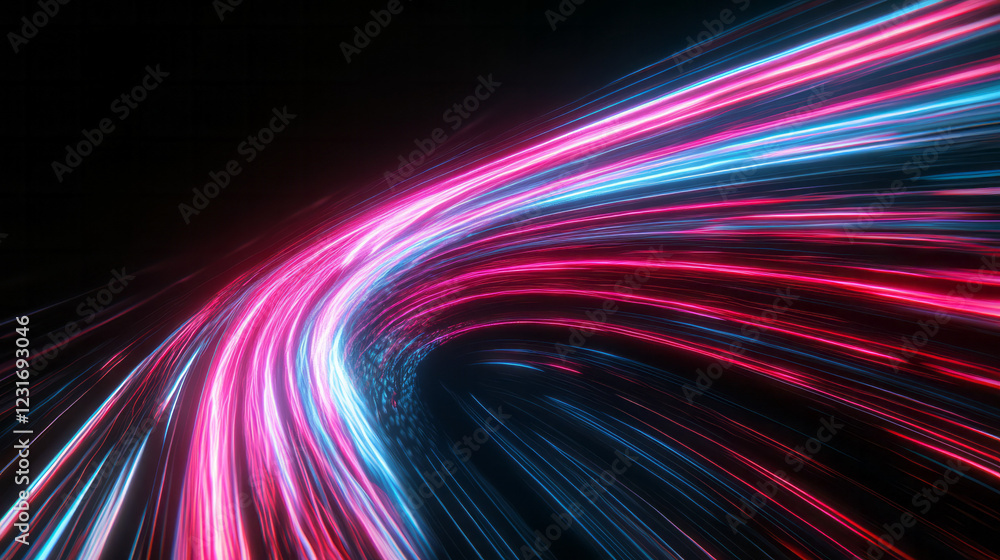 Poster an elegant photograph displaying neon-like light trails slicing through darkness, giving the impress