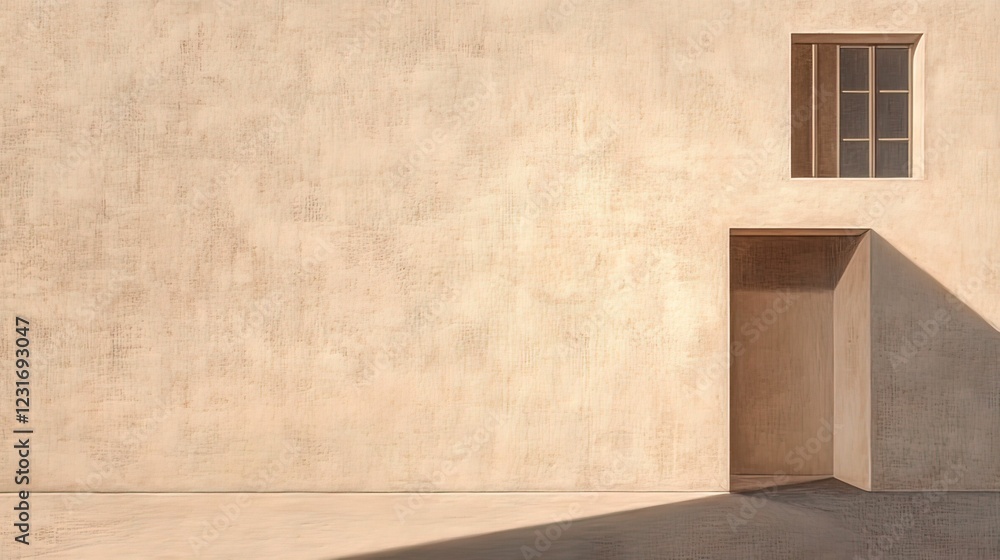 Poster a minimalist wall with a doorway and a window, casting soft shadows in warm light, creating a serene