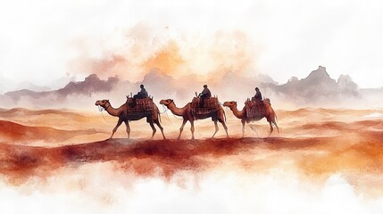 Camel caravan watercolor scene in a desert on a transparent or white background. 