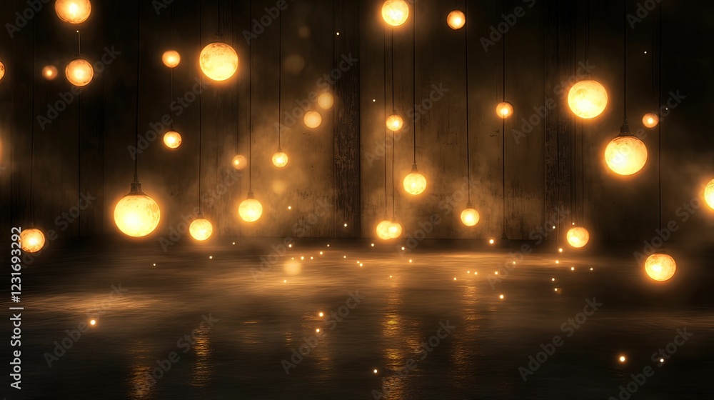 Poster a serene scene featuring floating, glowing orbs in a dark environment, creating a magical and ethere