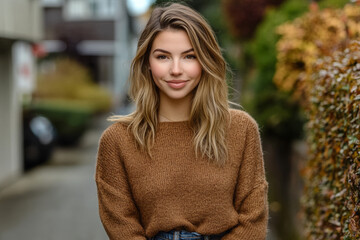 Fototapeta premium Charming young woman in a cozy brown sweater posing outdoors on an autumn day with a blurred urban background, ideal for lifestyle, fashion, and seasonal themes.