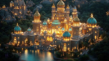 A radiant fantasy palace with golden towers and glowing sapphire roofs