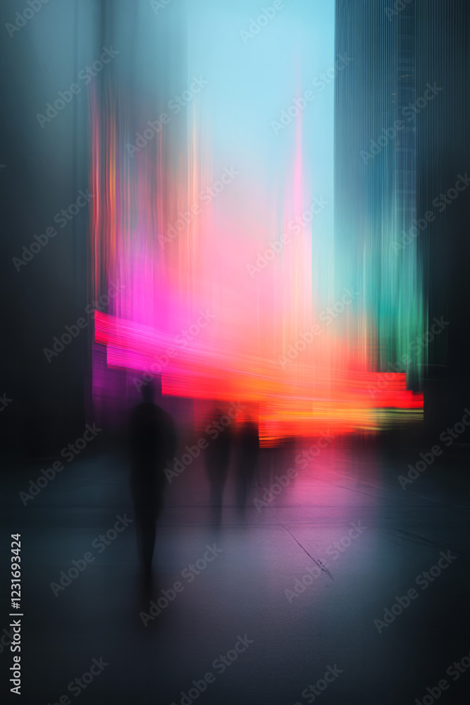 Poster an abstract slow-shutter depiction of chaotic light ribbons twisting and converging over a broad urb