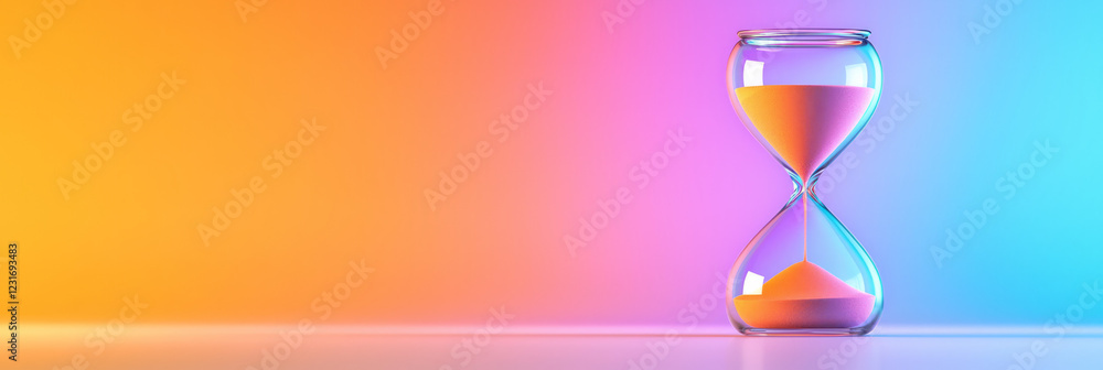 Poster A dynamic macro shot of a modern hourglass with vibrant gradient sand, capturing every grain as it slips through the narrow glass neck,