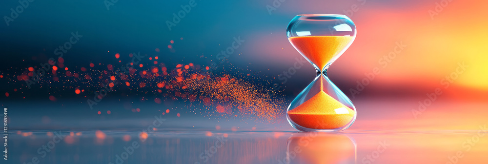 Poster A dynamic macro shot of a modern hourglass with vibrant gradient sand, capturing every grain as it slips through the narrow glass neck,