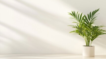 Indoor potted palm plant, sunlit white wall background, minimalist home decor, website design element