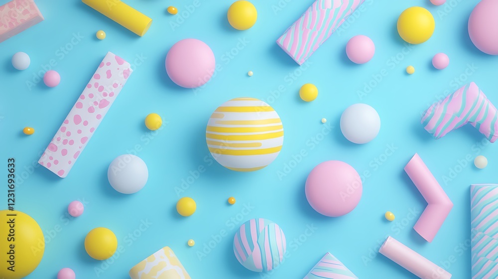 Poster colorful geometric shapes and patterns on blue background with playful elements for creative project