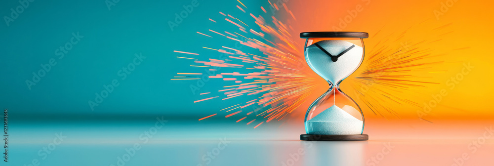 Poster a cinematic closeup of a small, refined hourglass with two distinct colors of sand meeting in the mi