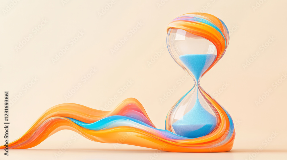 Poster a high-angle perspective of an hourglass resting on a glossy surface, colorful grains forming mesmer