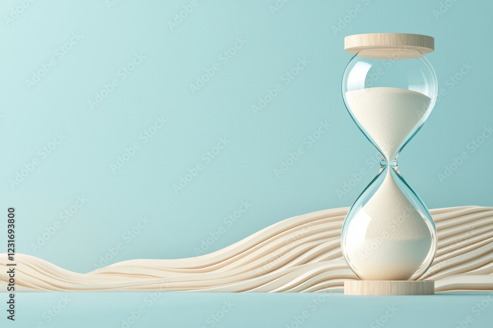 Poster an elegant design focusing on an hourglass placed on a reflective tabletop, the gradient sand formin