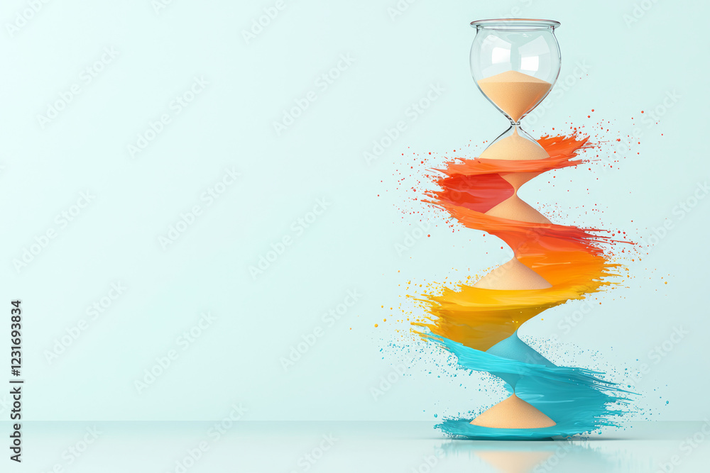 Aufkleber an elegant design focusing on an hourglass placed on a reflective tabletop, the gradient sand formin