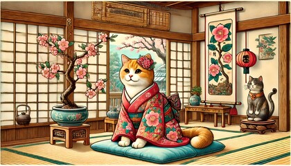 Cat in Festive Kimono with Cherry Blossoms in Tatami Room, Generative AI
