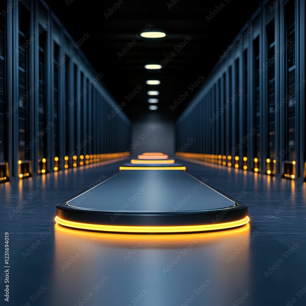 Poster a futuristic data center corridor illuminated by soft orange light, showcasing rows of high-tech ser