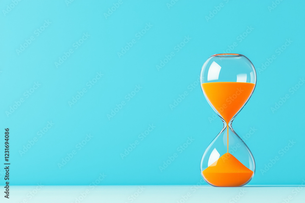 Poster a minimalist closeup of an hourglass with bold orange sand standing out against a cool-toned setting