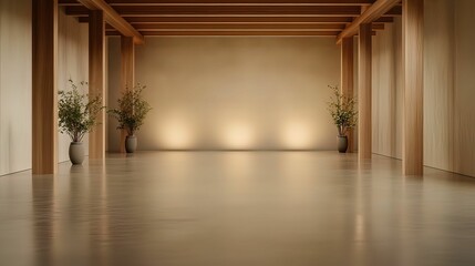 Obraz premium A serene, minimalist interior with wooden beams, soft lighting, and decorative plants, creating a tranquil atmosphere.