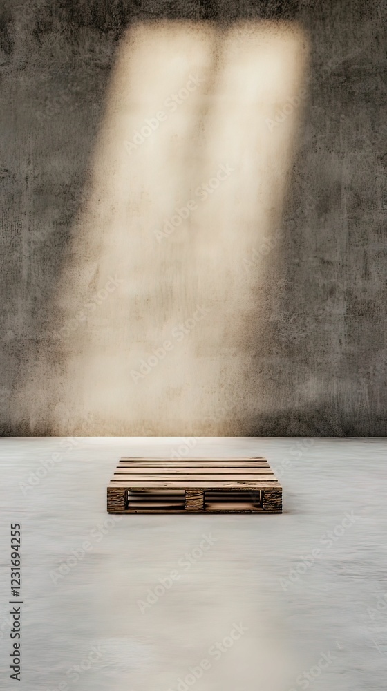 Poster a wooden pallet sits on a minimalistic concrete floor, illuminated by soft light streaming through a