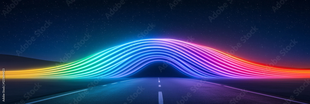 Poster A surreal composition showing streaks of rainbow-like lights forming abstract patterns across a deserted road under starry skies,