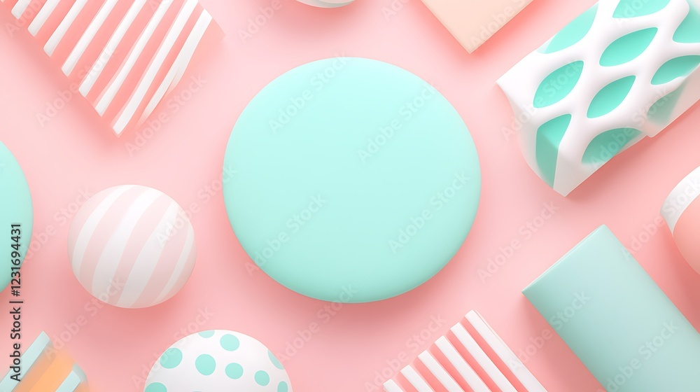 Poster colorful geometric shapes and patterns on soft pink background for abstract design projects