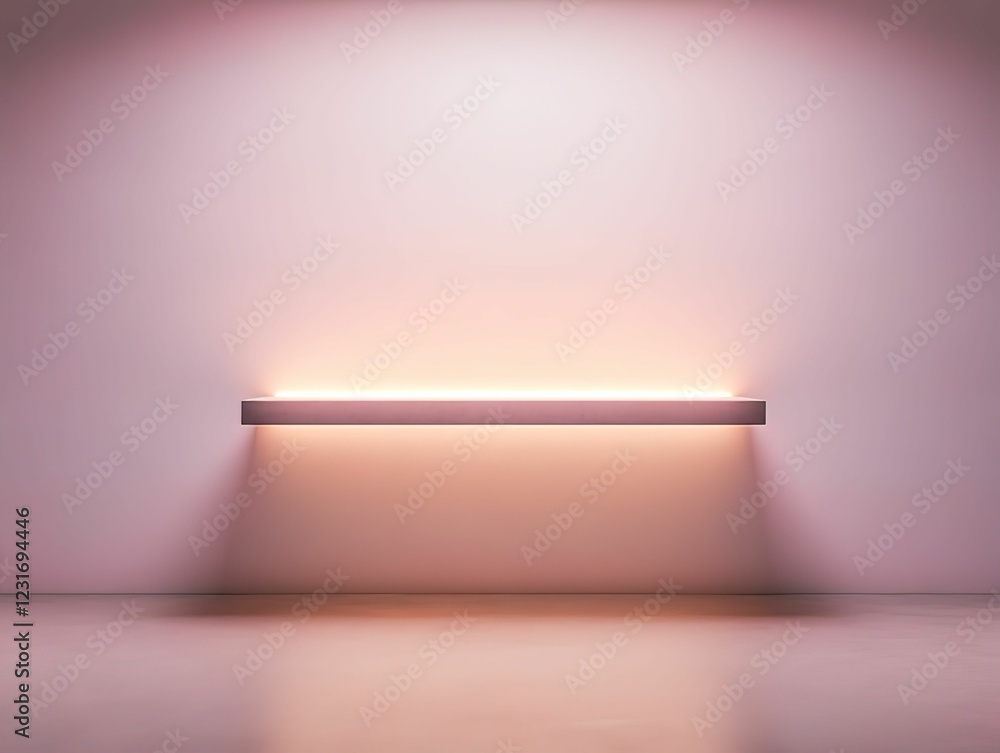 Poster a minimalistic space features a softly lit shelf against a pale wall, creating a serene ambiance.