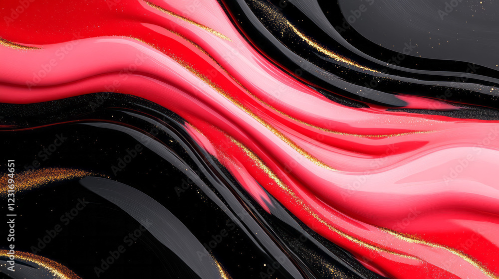 Aufkleber An artistic digital composition featuring twisting streams of red and pink paint merging with black streaks and gold glitter for a dramatic swirl effect,