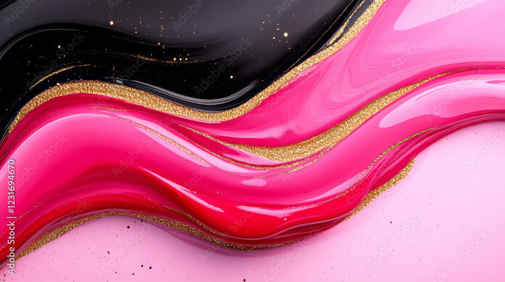 Poster an artistic digital composition featuring twisting streams of red and pink paint merging with black 