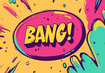 Vibrant comic style graphic featuring word BANG in bold colors, surrounded by dynamic splashes and bursts, creating energetic and playful atmosphere