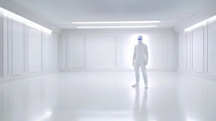 A figure in a white suit stands alone in a bright, minimalist, white room, conveying a sense of isolation and futurism.