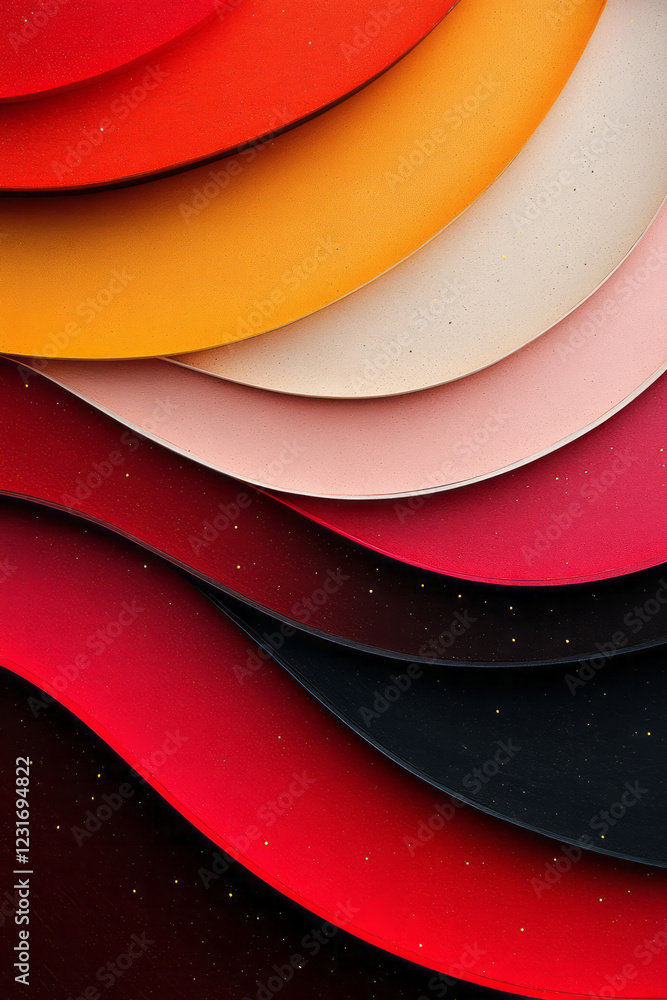 Poster a minimalist macro image where bold black curves cut through swirling layers of red and pink, highli