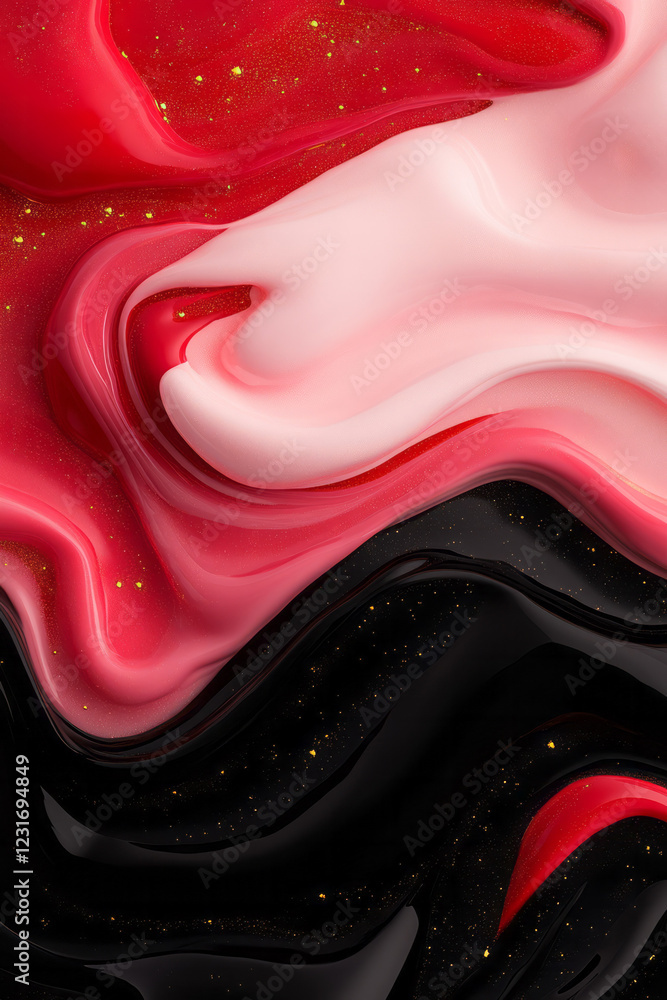 Aufkleber a minimalist macro image where bold black curves cut through swirling layers of red and pink, highli
